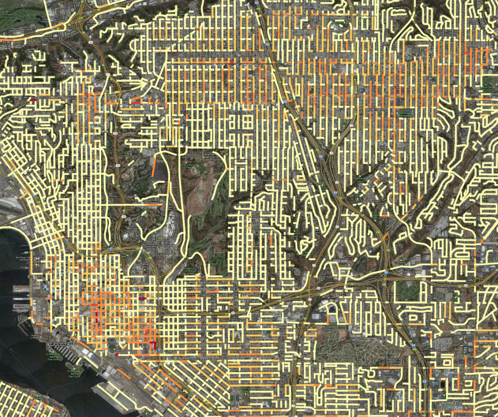 All crime incidents for 2007 to 2013, colored according to linear density on the street segment.